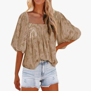 Women's 3/4 Puff Sleeve Square Neck Floral Patchwork Blouse Casual  Tunic Large